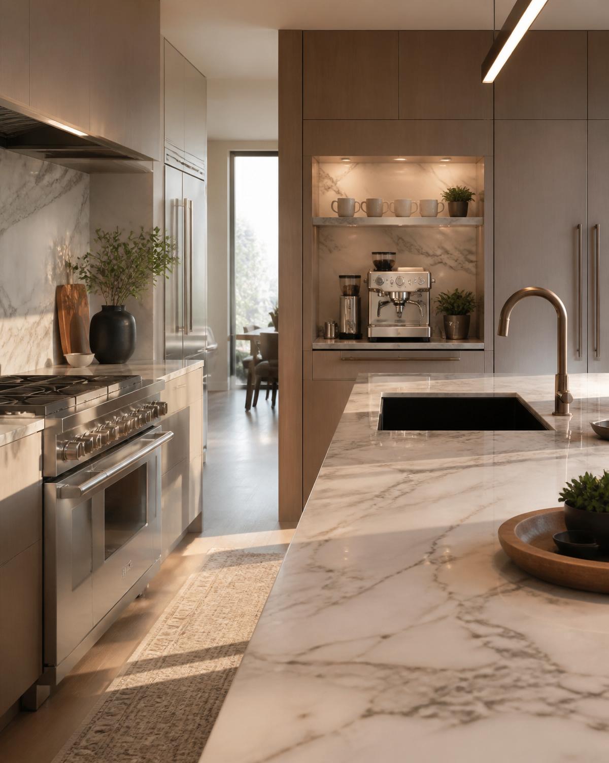 Elevated modern kitchen with premium appliances and a built-in coffee bar