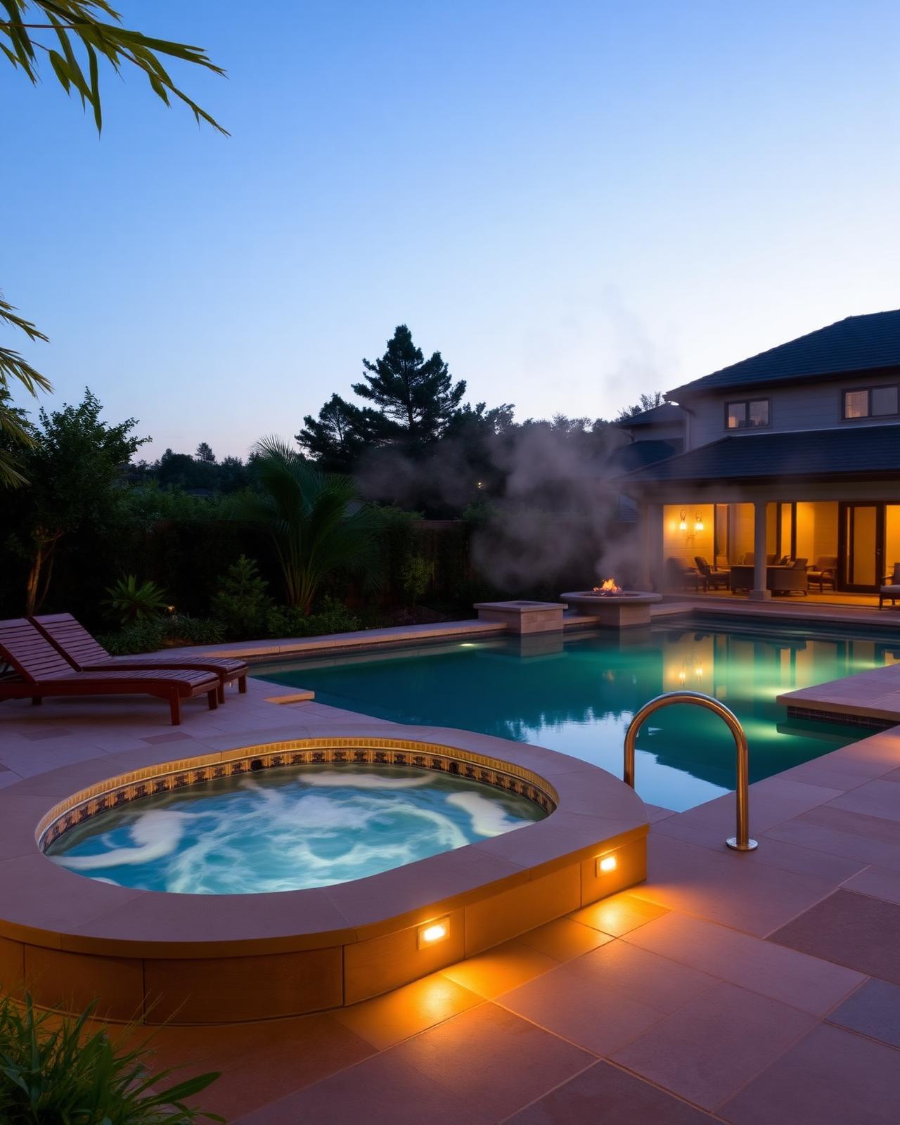 Luxury outdoor pool and hot tub at dusk